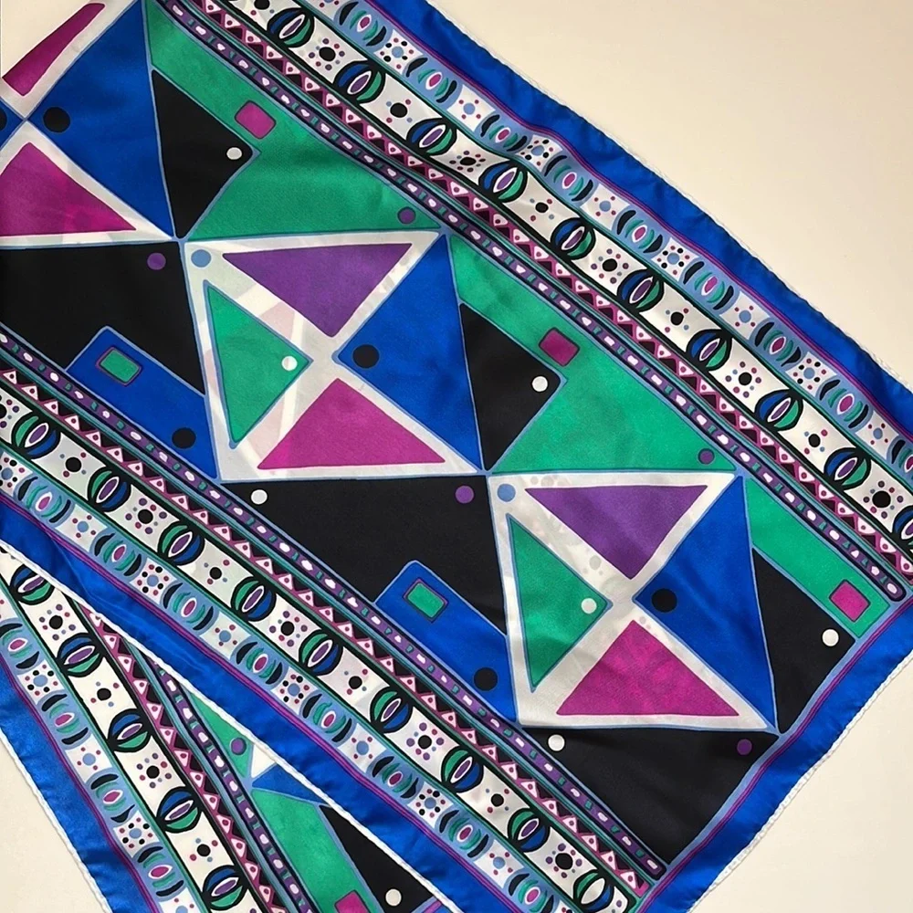 3/$15 Vintage Bold Geometric Shape Satin Look Long Scarf Black Blue Green Purple